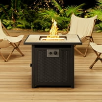 30" Gas Fire Pit Table, Propane Fire Pit with Glass Rocks, Waterproof Cover and Pe Rattan, Outdoor Patio Fire Pits for Backyard, Garden, Party