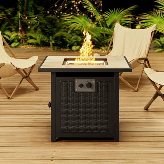 30" Gas Fire Pit Table, Propane Fire Pit with Glass Rocks, Waterproof Cover and Pe Rattan, Outdoor Patio Fire Pits for Backyard, Garden, Party