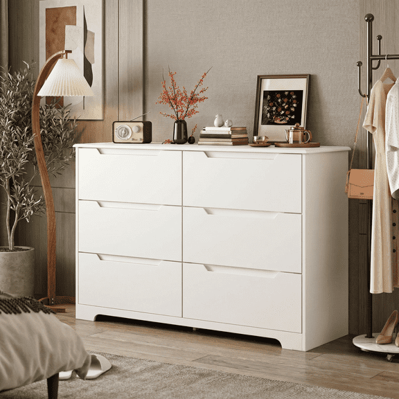Aiho 6-Drawer Double Dresser - Modern Wood Chest with Anti-Tip Safety, Cutout Handles & Smooth Gliding Drawers | Nursery, Kids & Bedroom Storage - White