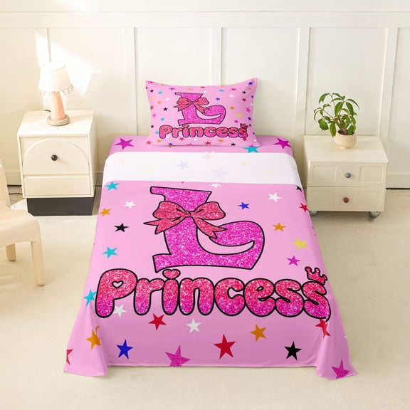 spefrowx Dreamy Princess L Letter Twin Sheets for Kids, Kawaii Cartoon Stars Bow Bedding, 3-Piece, 1 Flat Sheet, 1 Fitted Sheet and 1 Pillowcase