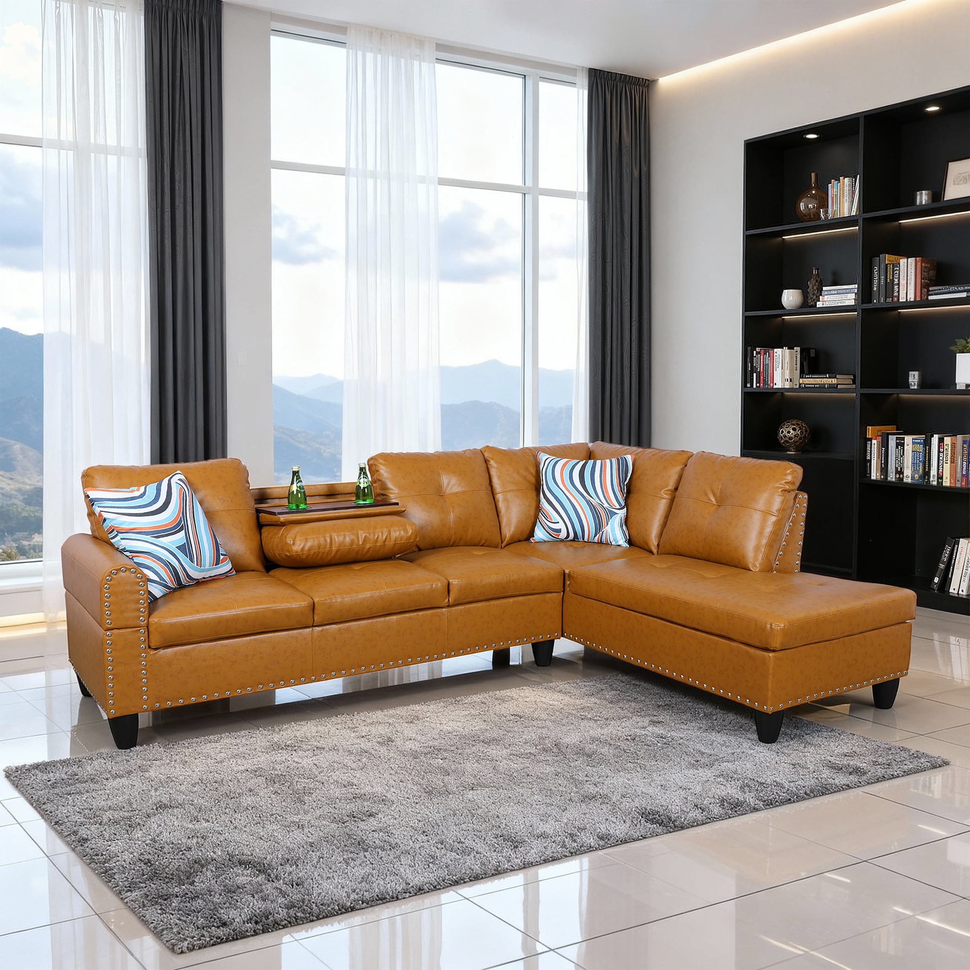 MAYEERTY 97.5" L-Shaped Sectional Sofa, Semi PU Synthetic Leather 2-Piece Modular Couch Sofa Set without Ottoman, Ginger (Right)