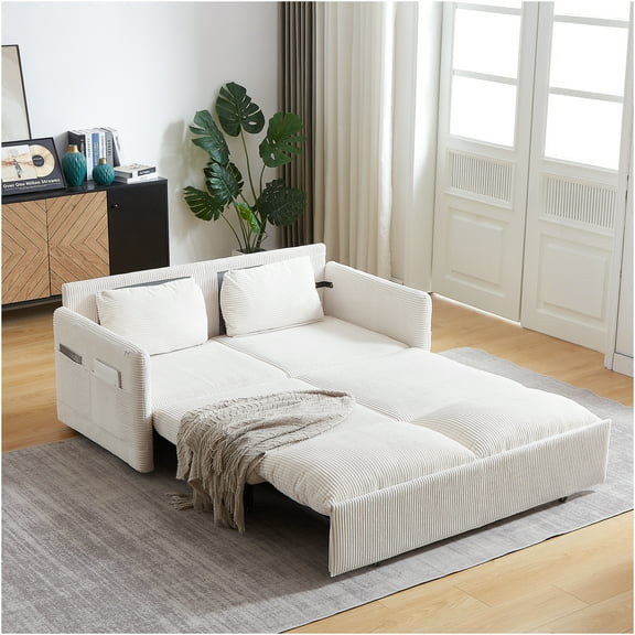 JERFIT Modern Convertible Velvet Loveseat Sofa Bed with Pillows, 3-in-1 Sleeper for Small Spaces, Beige