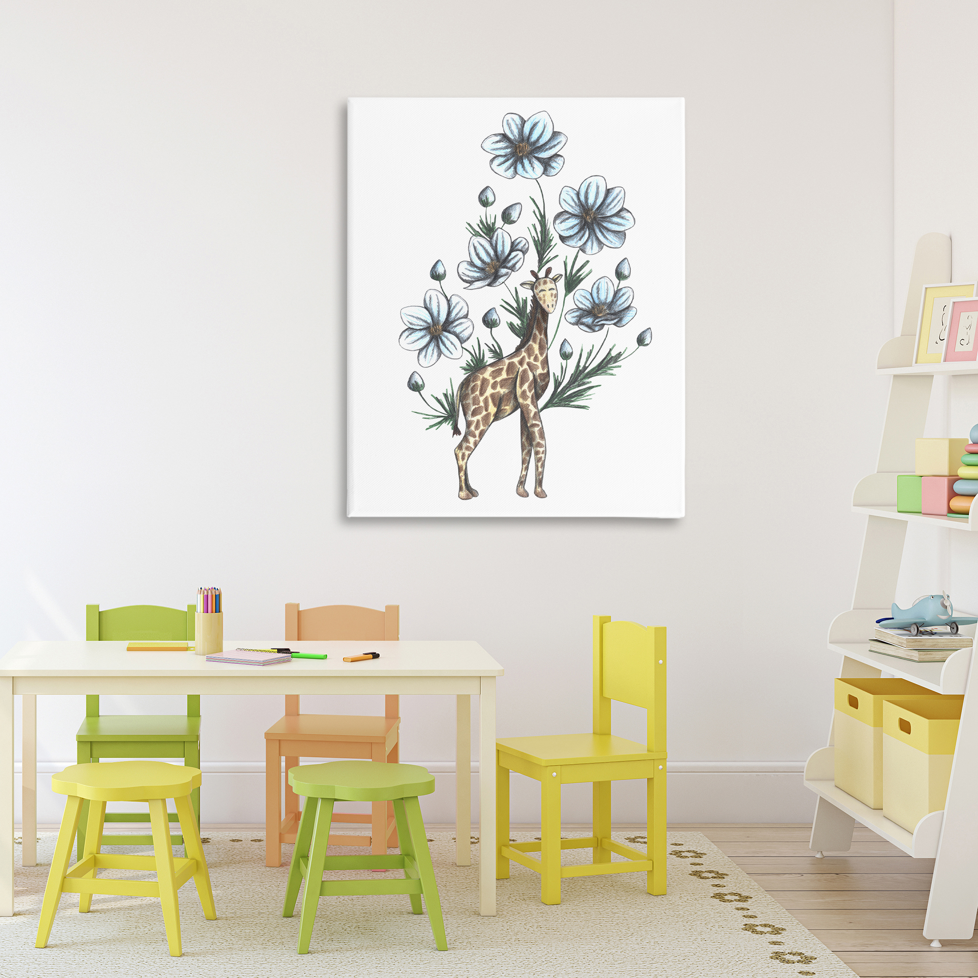 Giraffe with Flower Blossoms Canvas Wall Art, design by Cecilia Battaini