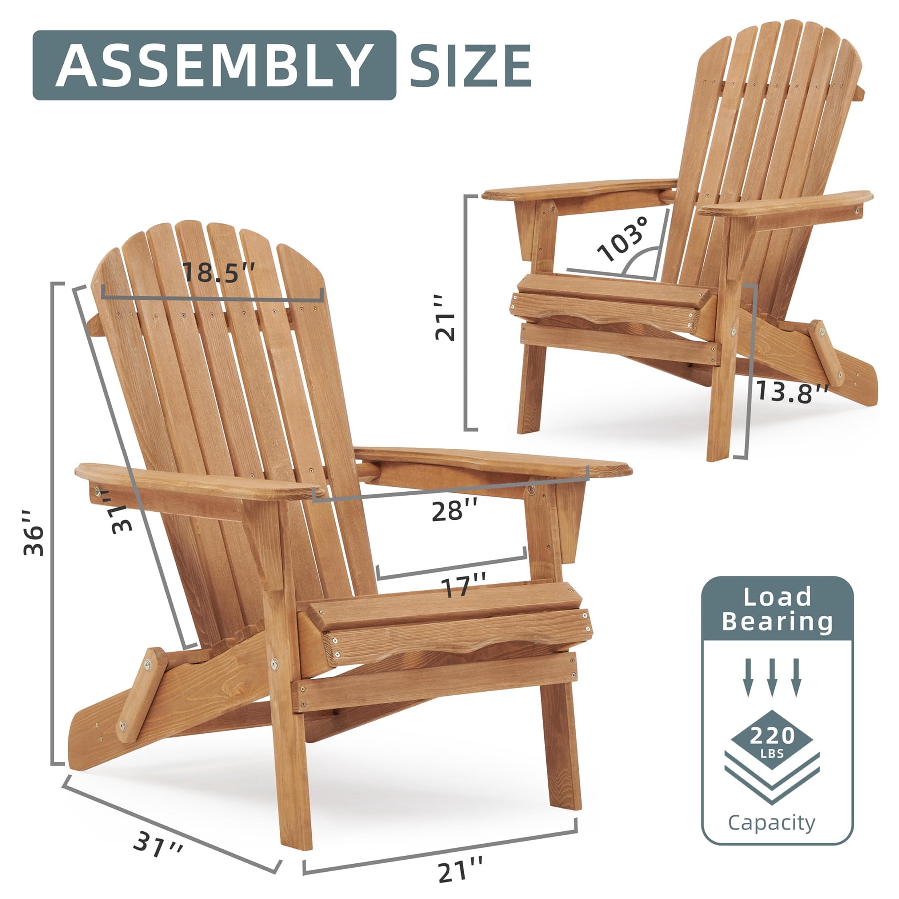 Tappio Folding Adirondack Chair Set of 2, All Weather Adirondack Chairs with Large Deep Seat for Outdoor Indoor, Pre-assembled, Brown