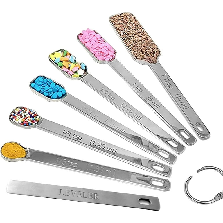 Chef Measuring Spoons Set - 7 pieces, Heavy-Duty Stainless Steel, Narrow,  Long Handle Design for Dry or Liquid, Fits in Spice Jar, Cooking Baking
