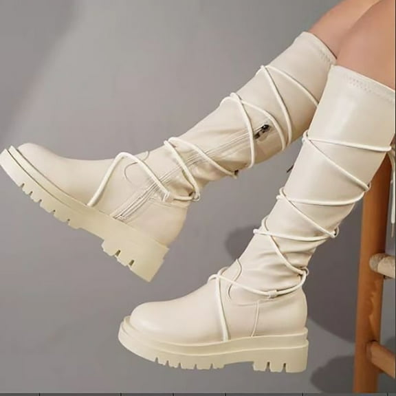 Wavsuf Combat Boots for Women Knee High Low Heel Chunky Tie Hip Winter White Shoes Size 36