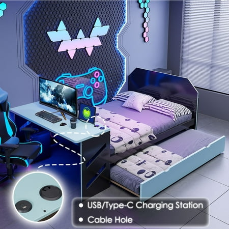 Mirightone Full Size Platform Bed with Desk, Charging Station & Trundle, Cool Blue Gaming Style Teens Bed Frame, Space Saving Bed Frame for Teens Bedroom (Black+Blue)