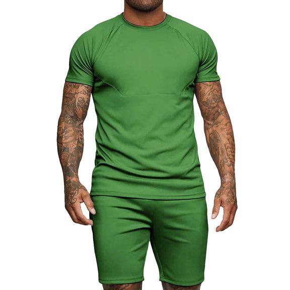 Edvintorg Tracksuits for Men Set Men's Fashion Movement Leisure Solid Splicing Short Sleeve Round Neck Coat Elastic Waist Shorts Suit Green S