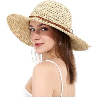 Wide Brim Straw Sun Hat Foldable UPF 50+ Adjustable Lanyard Beach Garden Amazon.com: Women main image 4
