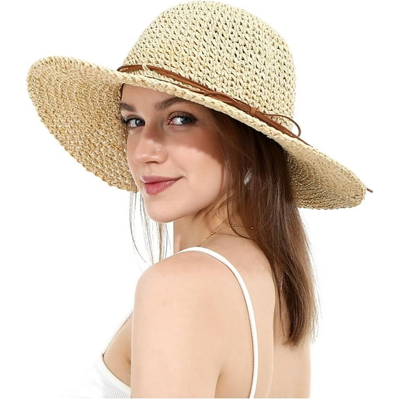 Women Sun Hats Floppy Foldable Wide Brim UV UPF 53  Straw Hat with Bow for Summer Beach