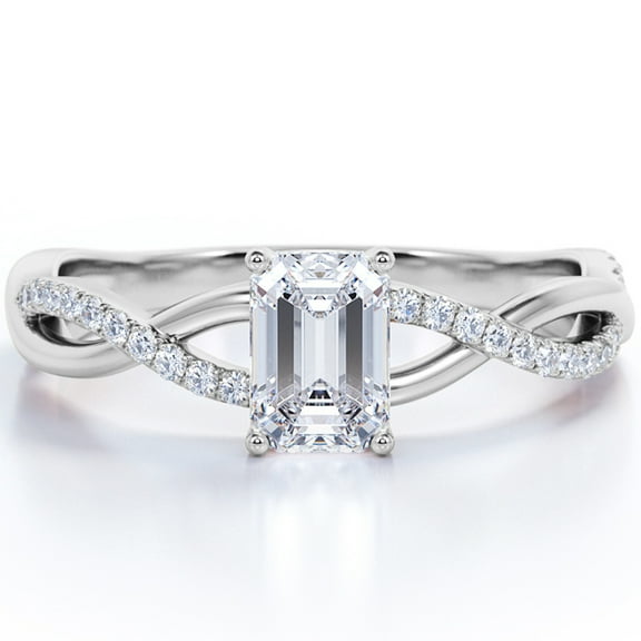 JeenMata Semi Infinity - 0.75 Carat EmeraldCut Moissanite - Pave - Prong Setting Engagement Ring - 18K White Gold Plating Over Silver