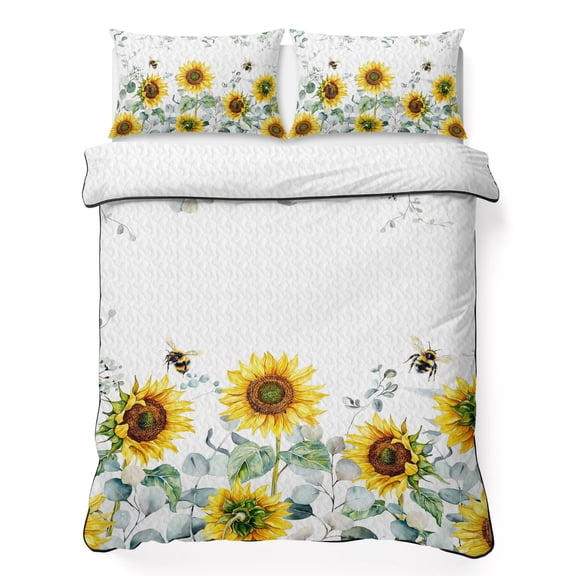 Twin XL Quilt Set 68''x98'', Sunflower Lightweight Bedspread Coverlet with 2 Pillow Shams, Sage Green Summer Botanical Eucalyptus Farmhouse Bee Breathable All Season Quilt Bedding for Dorm/Guest Room