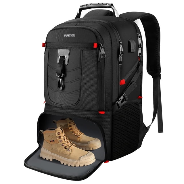 VESERI Sac à Dos de Voyage pour Ordinateur Portable 18.4 Po PC avec Compartiment à Chaussures Port de Charge USB, Sac de Sport pour Randonnée Camping, Imperméable pour Hommes Femmes Garçons, Noir