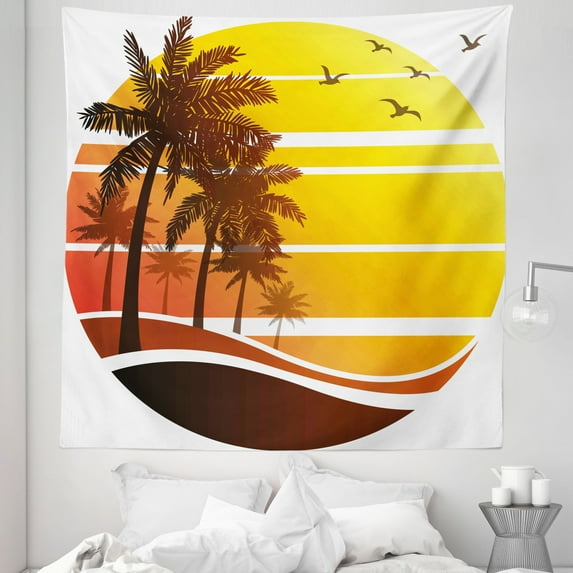 Tropical Tapestry, Sunset at Exotic Beach with Palm Trees Birds Summer Vacation Theme Pattern, Fabric Wall Hanging Decor for Bedroom Living Room Dorm, 5 Sizes, Yellow Coral Brown, by Ambesonne
