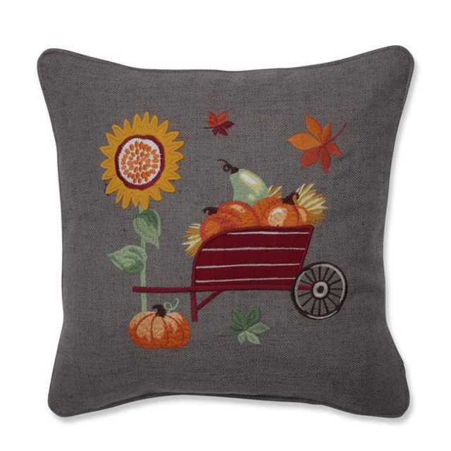 Pillow Perfect 629056 Pumpkins, Sunflower & Wheelbarrow Embroidered Decorative Pillow, Multicolor