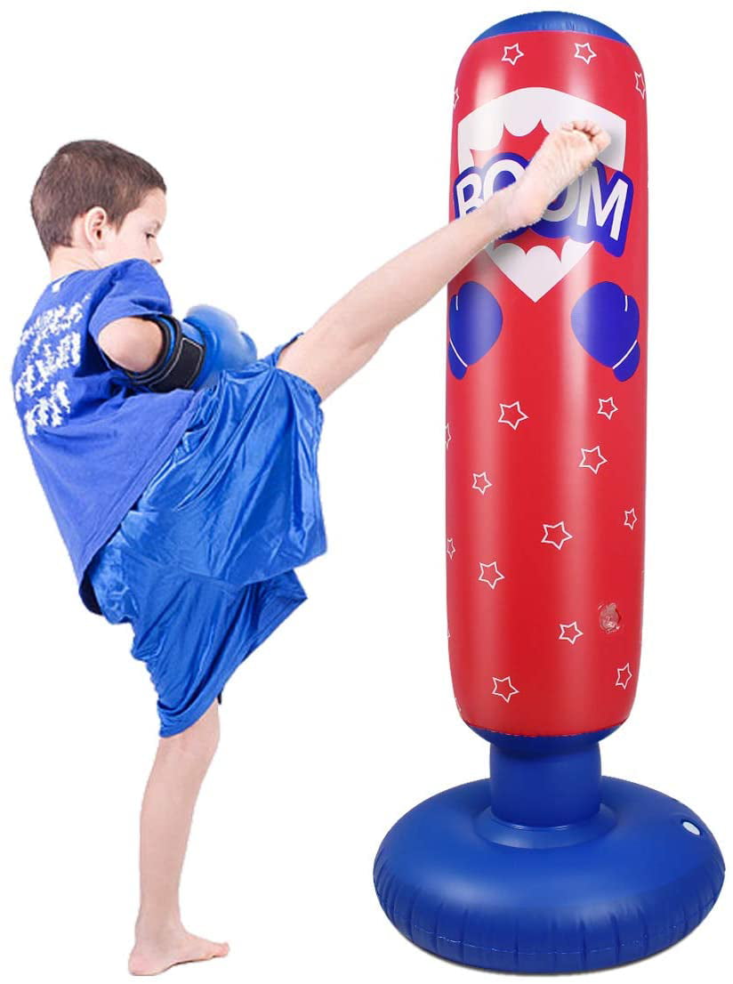 Inflatable Kids Punching Bag MMA and to Relief Stress or Anger in Kids and Adults Taekwondo Free Standing Boxing Bag Punching Bag with Stand for Practicing Karate 