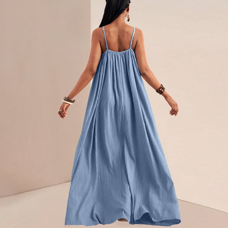 flowy dresses in store SEROYE Summer Flowy Maxi Dress Women Spaghetti Strap Sleeveless Crew Neck Solid Color Casual Loose Fit Dresses (L, Blue), Women's, Size: Large