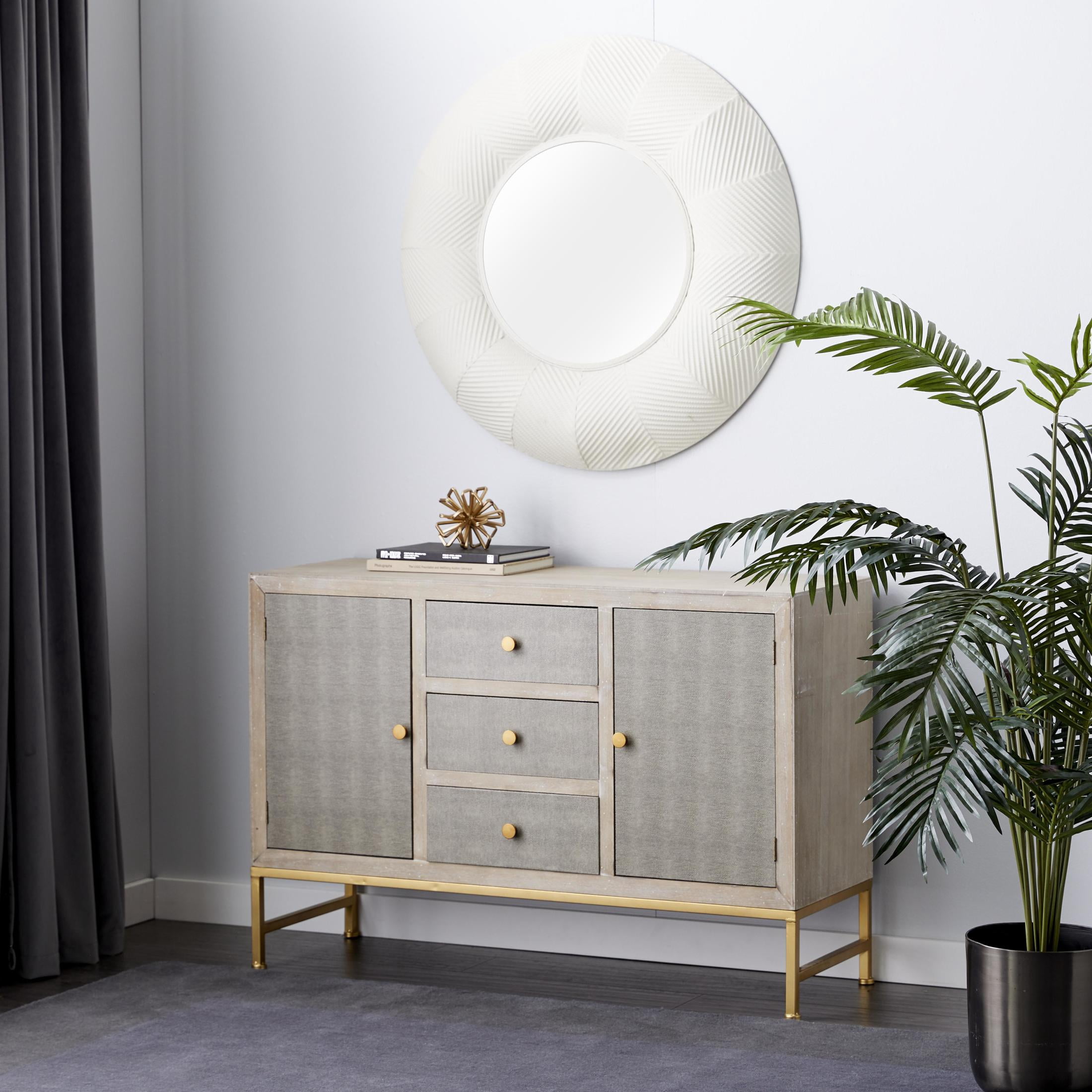 DecMode 47" x 32" Gray Wood Snakeskin Inspired 2 Door and 3 Drawer Cabinet with Gold Knobs and Washed Brown Frame, 1-Piece