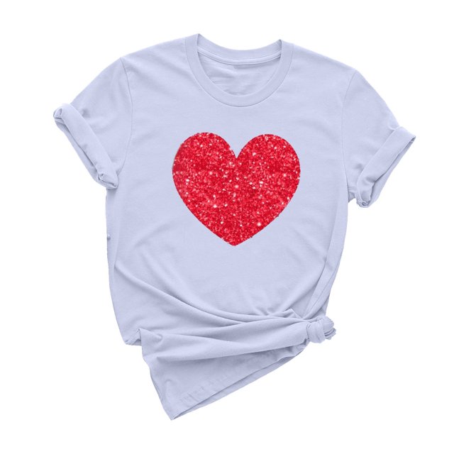 Dealovy T-Shirts pour Femmes à Manches Courtes, Col Rond, Mignon Cœur Imprimé, Couleur Unie, Décontracté, Été, T-Shirts Simples