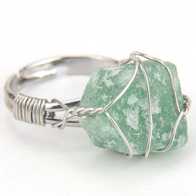Nvzi Anillo natural hecho a mano, anillo de piedra natural envuelto a mano con alambre de cobre y plata personalizado, anillo ajustable (verde)