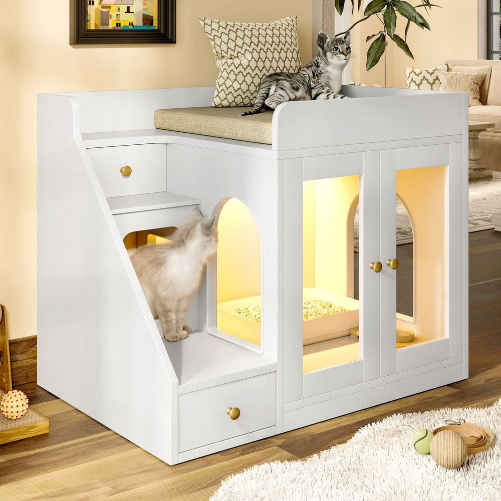 LUMAMIN Cat Litter Box Enclosure with Light, Hidden Litter Box Enclosure Furniture with 2 Drawers, Indoor Cat House Washroom End Table for Cats, White