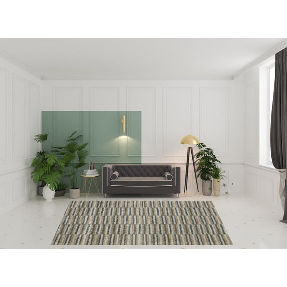 8' X 11' Teal Blue Grey And Tan Geometric Power Loom Stain Resistant Area Rug