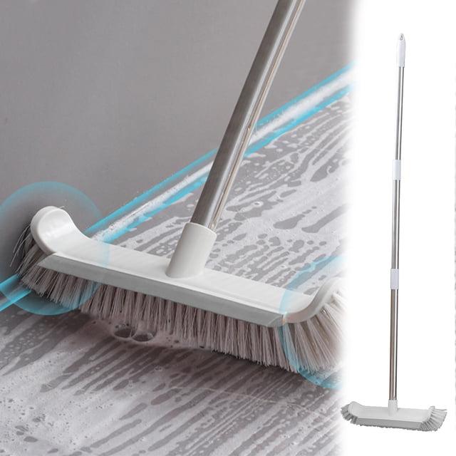 Cepillo para fregar el suelo con asa | Raspado y cepillo 2 en 1 | Plástico, blanco | Limpieza de azulejos, bañera, pared, patio, cocina | Diseño de cerdas curvadas para la eliminación de manchas