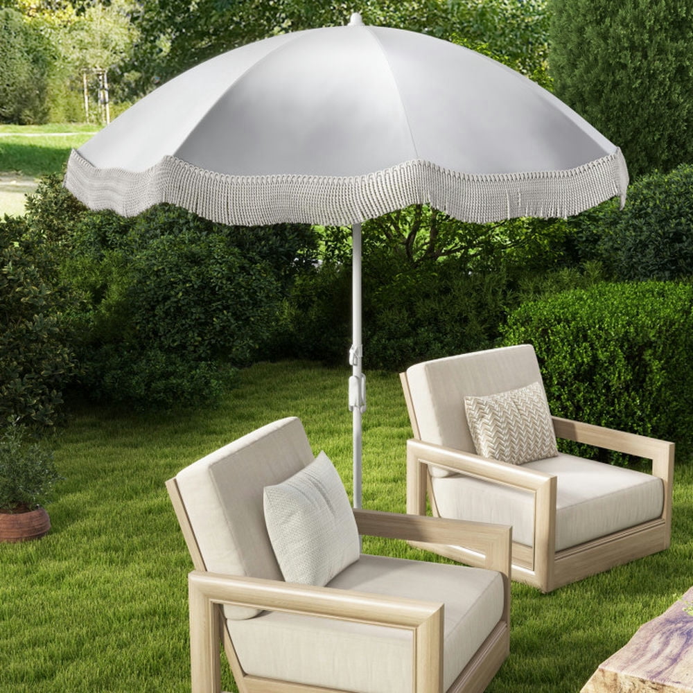 Aimee Lii 6.5 FT Beach Umbrella with Fringe Outdoor Tassel Umbrella with Push Button Tilt, Patio Umbrella, Outdoor Market Umbrella-White