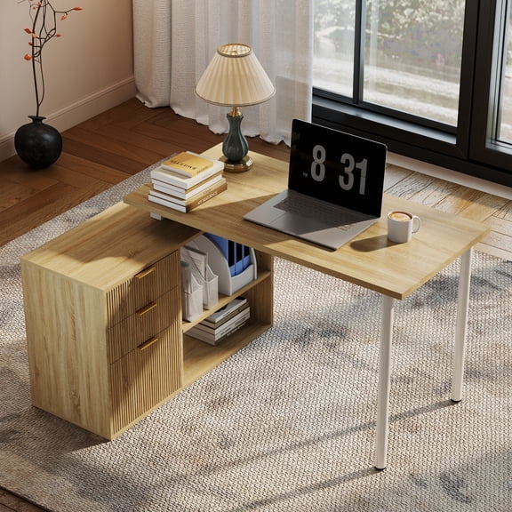53" L Shaped Office Desk, Reversible Corner Computer Desk with Storage Drawers and Open Shelves, Large Home Office Desk