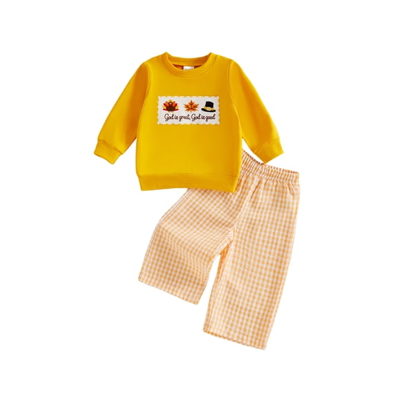 RUINIXCW Toddler Baby Boy Girl Thanksgiving Outfit Baby Christening Fall Winter Clothes God is Great God is Good Letters Long Sleeve Sweatshirt and Plaid Pants Set