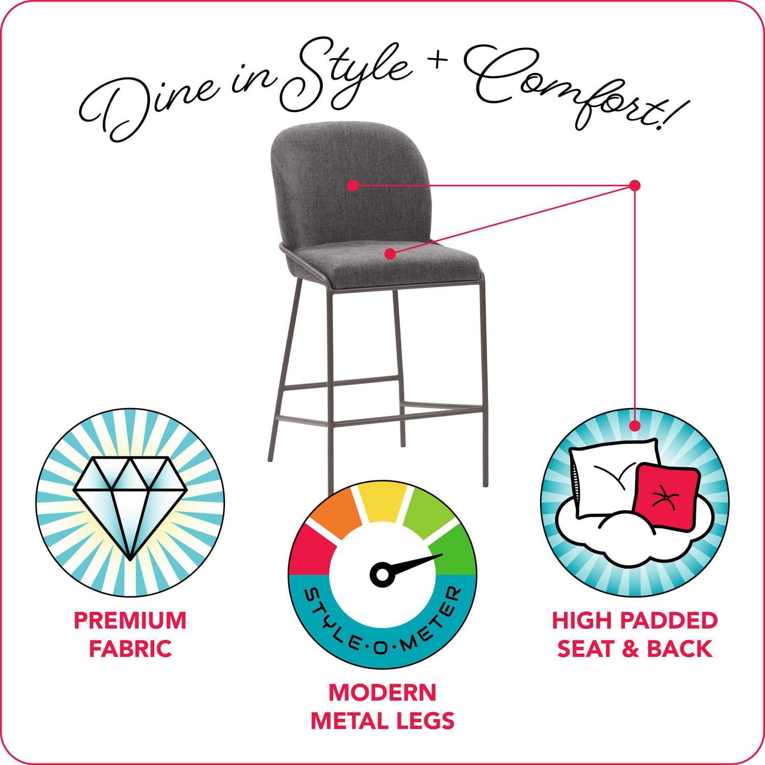 CorLiving Blakeley Modern Upholstered Indoor Counter Height Bar Stool with Metal Legs – Sold Individually