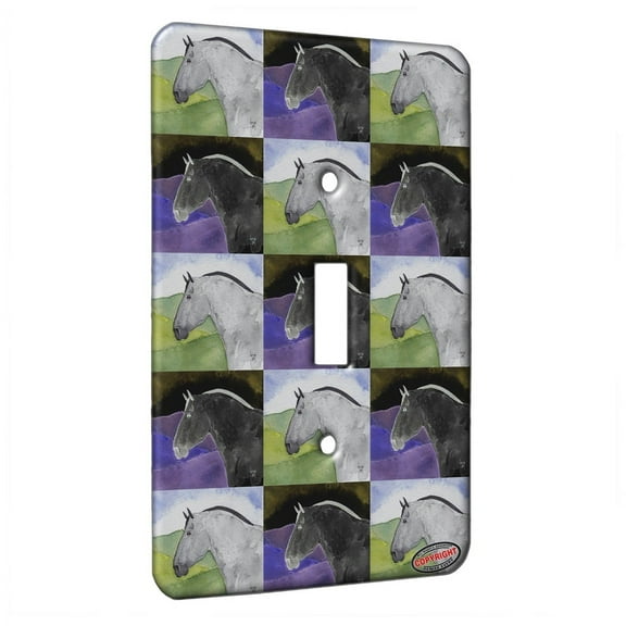KuzmarK™ Single Gang Toggle Switch Wall Plate - Gray Percheron Draft Horse in Spring Landscape Horse Pattern Art by Denise Every