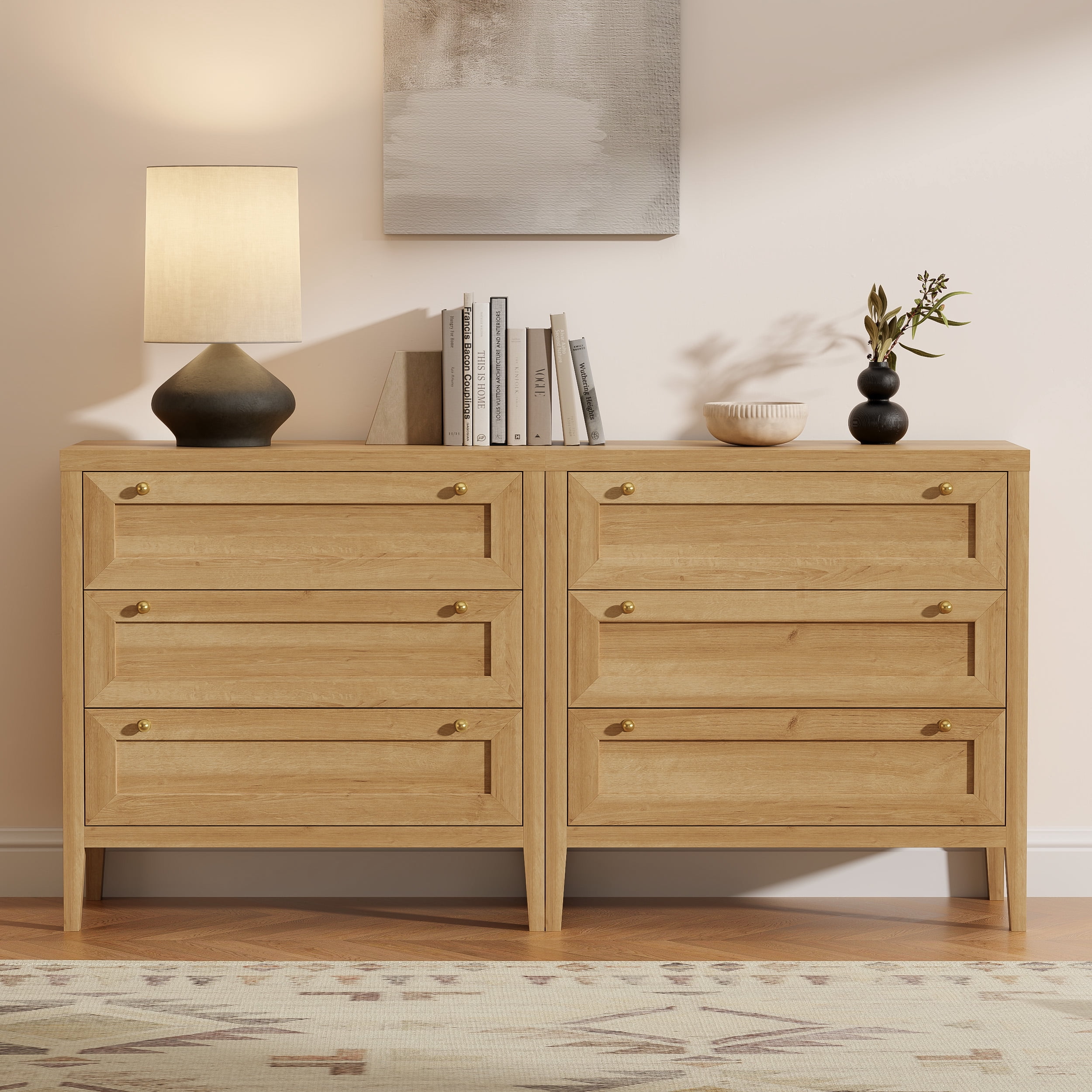 Joyyskill 3 Drawer Dresser, Modern Chest of Drawers Storage Cabinet with Golden Handles, Wood Nightstand End Table, Natural Oak