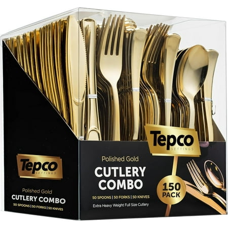 150 Gold Plastic Silverware Set - Disposable Flatware - 50 Forks, 50 Spoons, 50 Knives - Heavy Duty Cutlery for Party Bulk