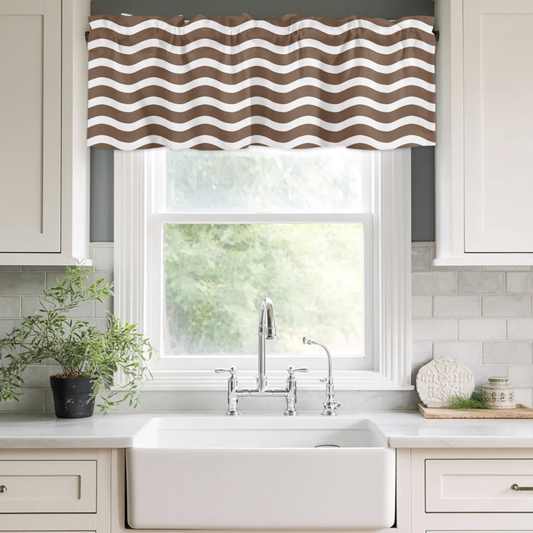 Brown White Rod Pocket Curtain Valance, Modern Abstract Waves Water ...