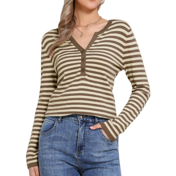 DARING DIVA Women's Long Sleeve Casual V Neck Knitted Striped Top XS Brown