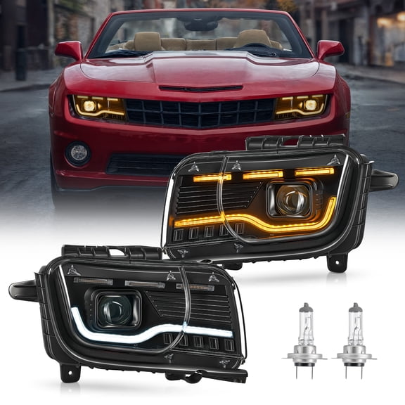 Bestco 1 Pair Headlights Replacement for 2010-2013 Chevy Camaro w Bulb LED DRL Black