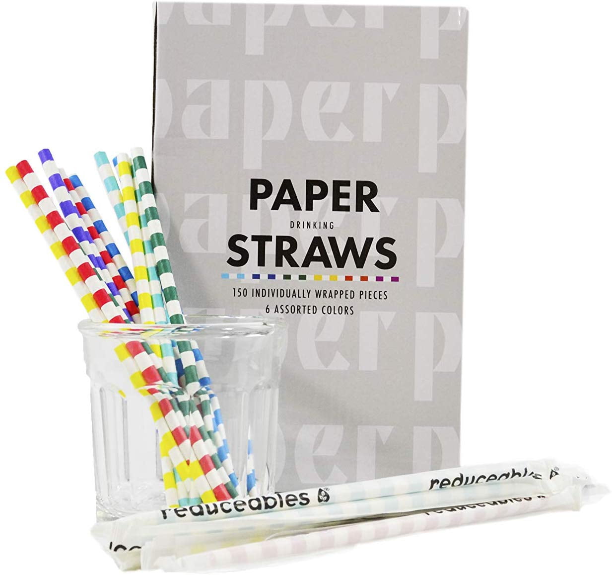 150 Individually Wrapped Biodegradable Paper Straws Assorted Colors