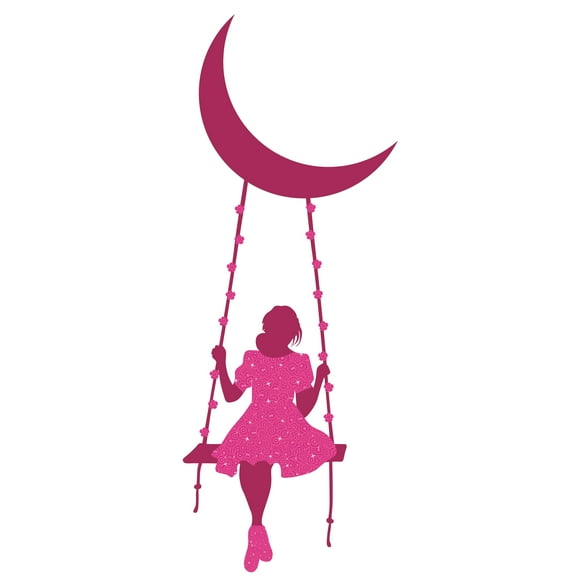 GIRLY - Pink Floral Dress Young Girl Silhouette Decoration Lady In A Moon Crescent Swing Design Kids Girls Bedroom Vinyl Wall Decal - Home Art Easy To Apply Night Sky Wall Sticker 4" x 10"