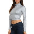 thumbnail image 3 of Sakkas Matte Liquid Mock Neck Turtleneck Long Sleeve Crop Top - Made in USA - Silver - 2X, 3 of 7
