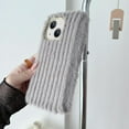 thumbnail image 2 of Compatible with iPhone 15 Plush Case Stripe Pattern Fluffy Fuzzy Furry Warm Plush Phone Case Girly Women Girls Smooth Cozy Winter Soft TPU Warm Hair Fur Shockproof Phone Cover, Khaki, 2 of 10