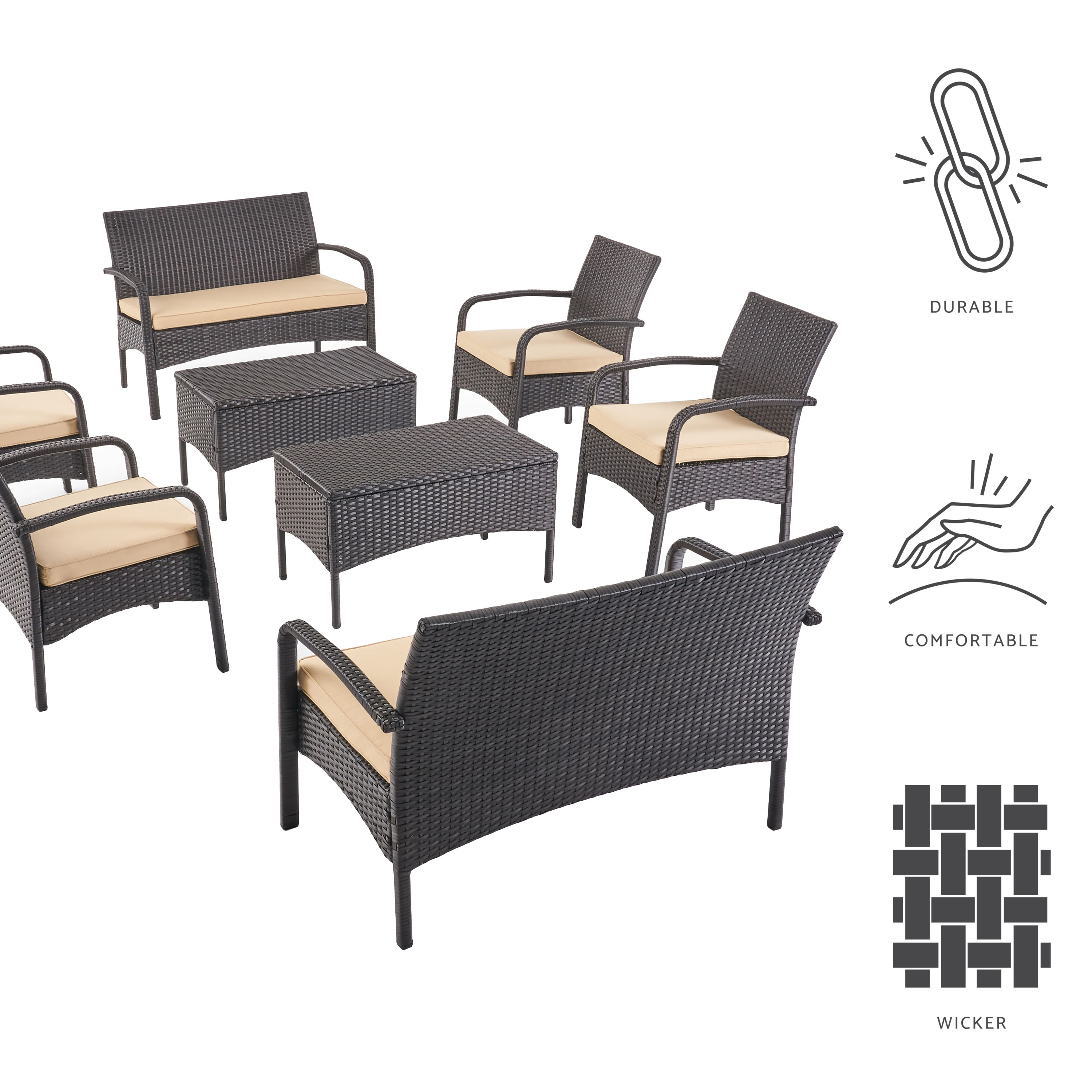 Carmela Outdoor 8 Seater Wicker Chat Set with Cushions, Brown and Tan - image 2 of 11