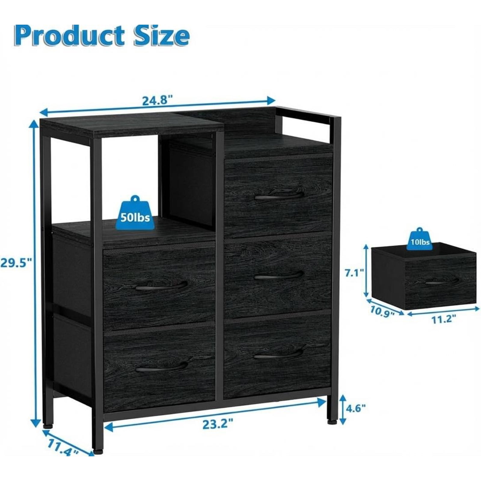 5-Drawer Lateral File Cabinet Organizer - Open Storage Shelf, Rolling Mobile Printer Stand, Under Desk Office Storage, Fabric & Wood Filing Unit, Black