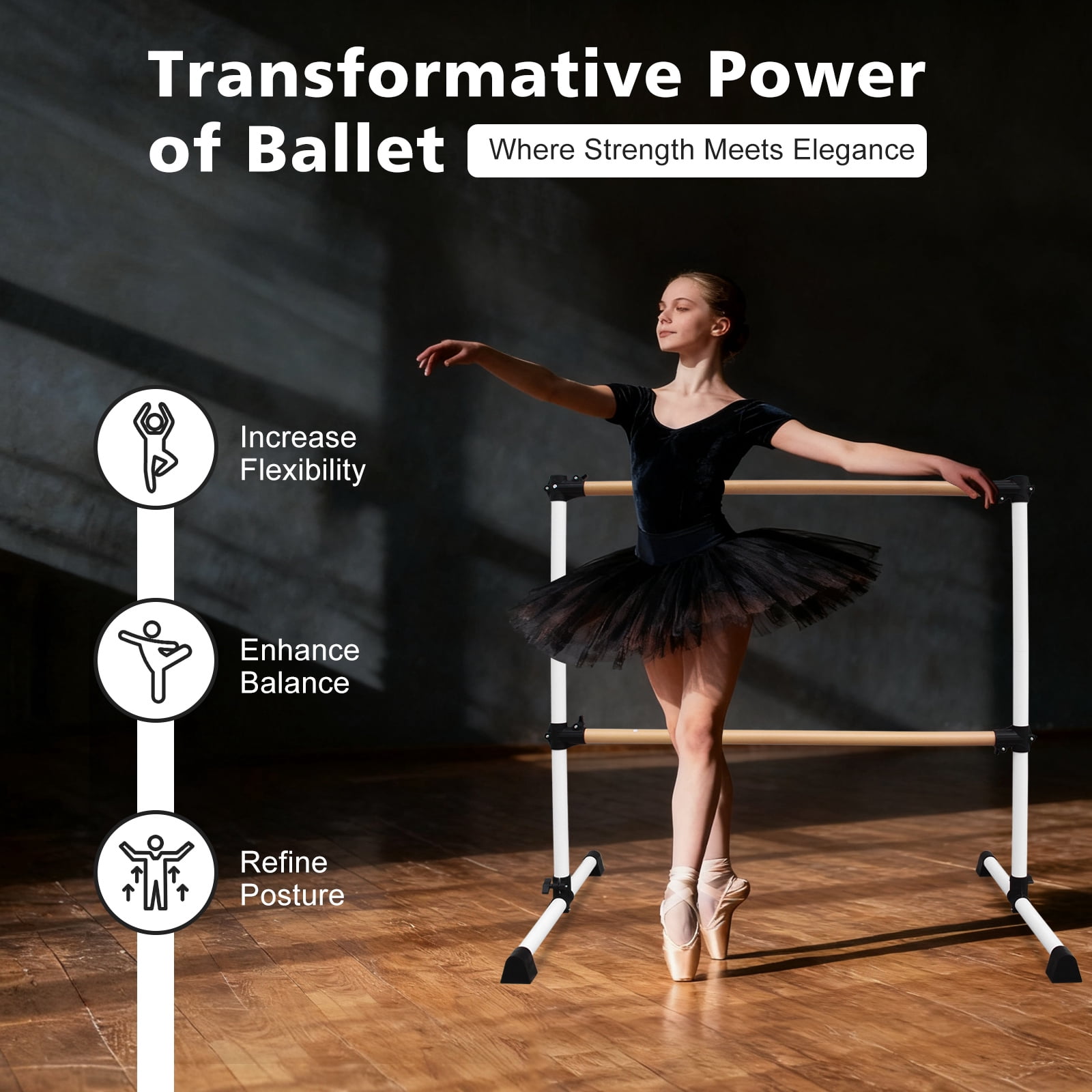 EUROCO 4FT Double Benchwood Ballet Barre, Freestanding and Adjustable Dance Barre