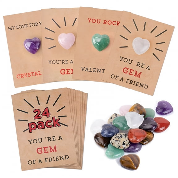 CCOCC Valentines Day Gem Gifts for Kids,24 Pack Prefilled Valentine's Day Cards with Heart-shaped Gemstone for School Classroom Class Party Favor,Valentine Rock Crystal Gift