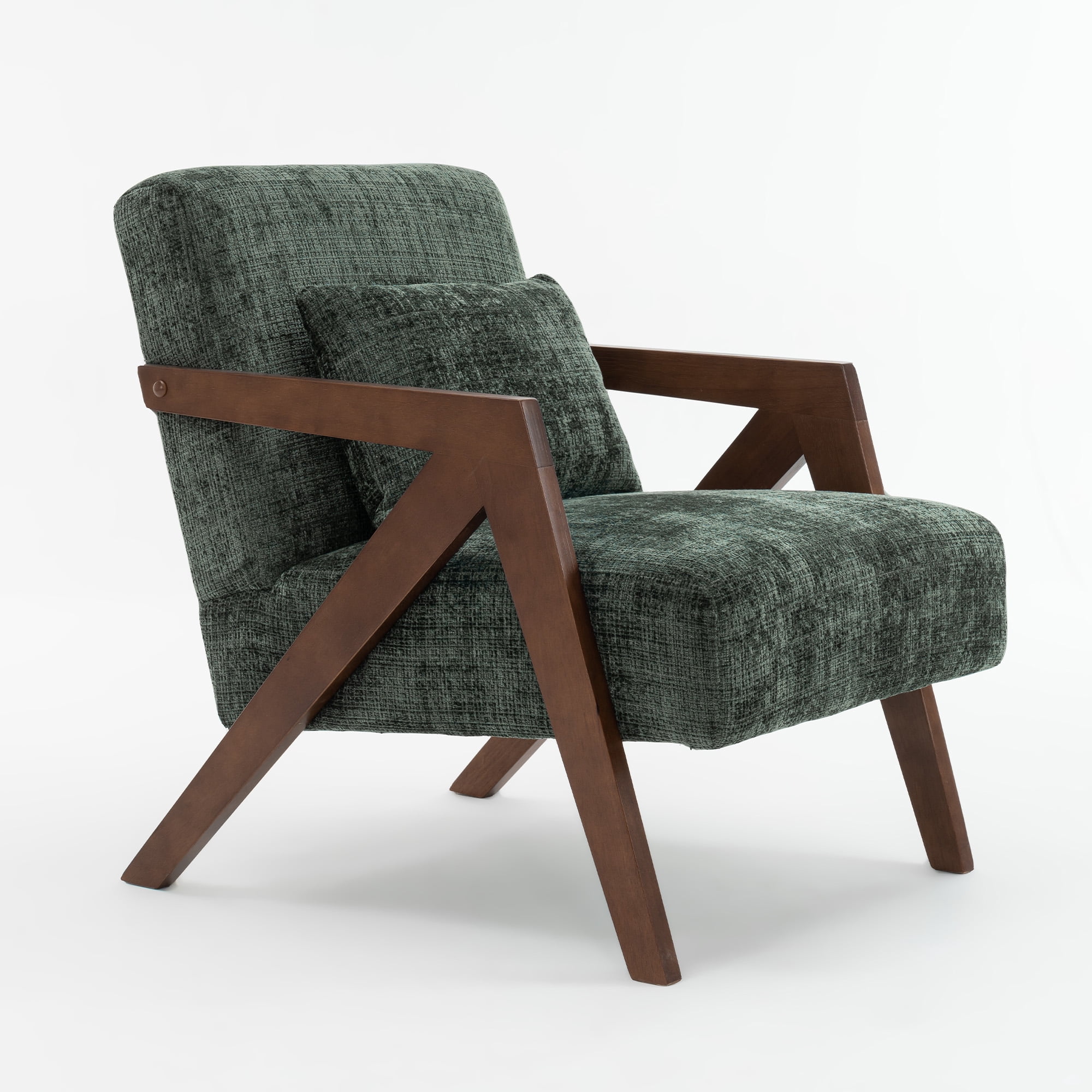 Mid-Century Modern Accent Chair with Solid Wood Frame,Upholstered Chenille Living Room Arm Chairs with Pillow for Bedroom, Living Room, Balcony, Reading Room