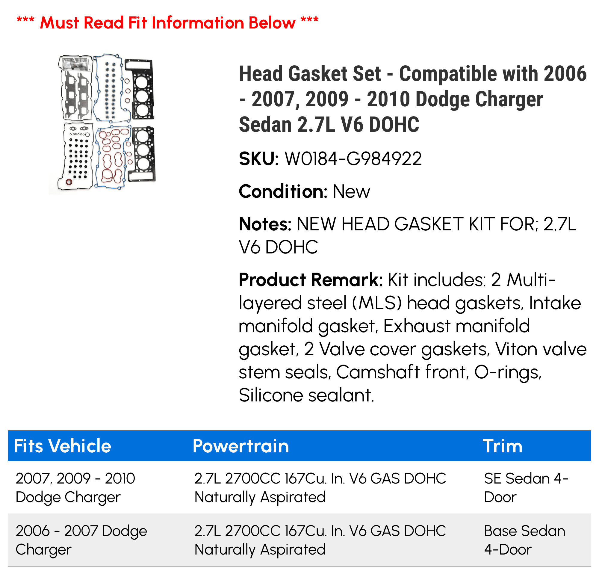 Head Gasket Set Compatible with 2006 2007, 2009 2010 Dodge Charger  Sedan 2.7L V6 DOHC