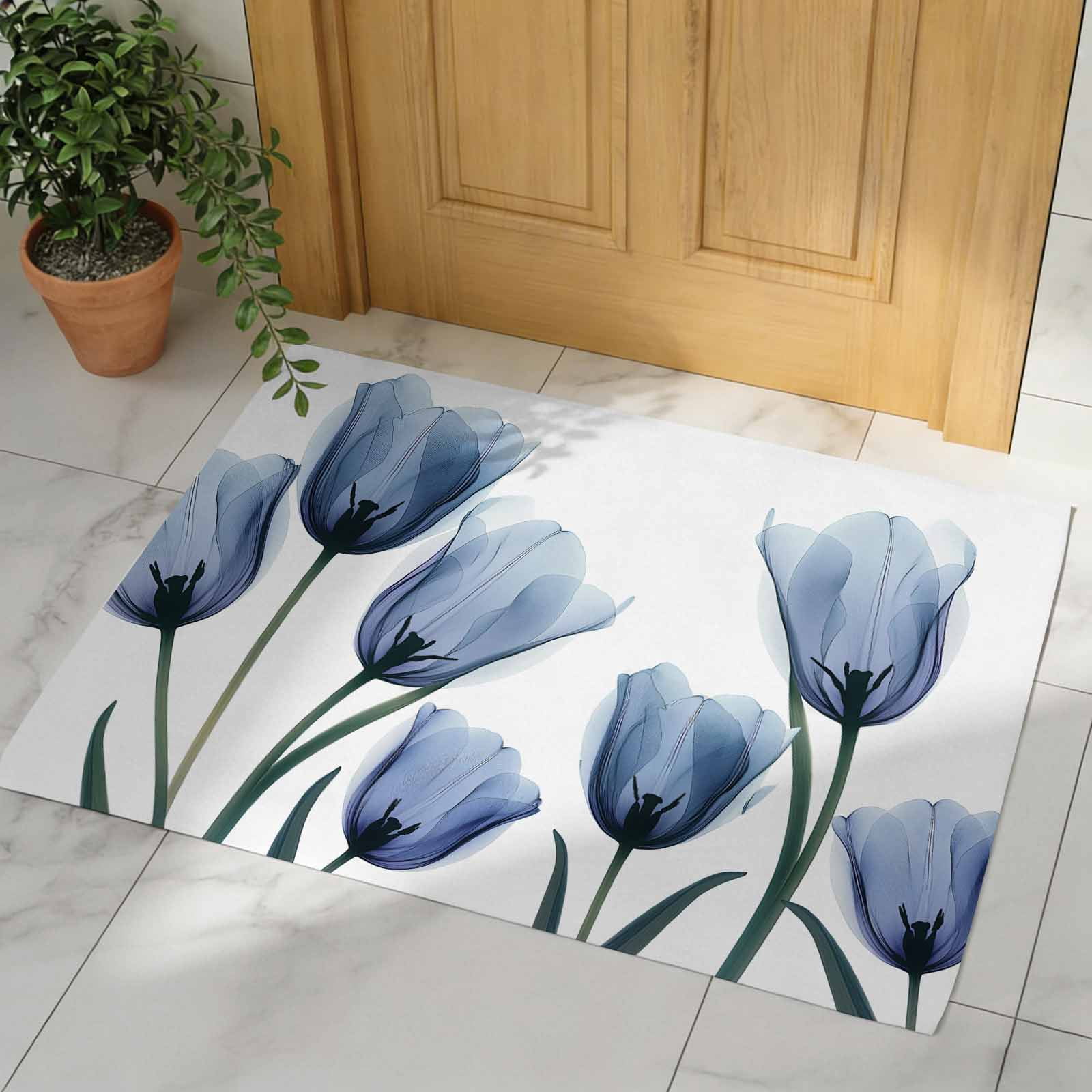 Blue Tulips Indoor Door Mat - 18"x30", Non-Slip Welcome Mat for Outdoor, Spring Summer Floral Rustic Botanical Front Doormat for Entry, Low-Profile Doormat Entrance Rug for Kitchen/Bathroom