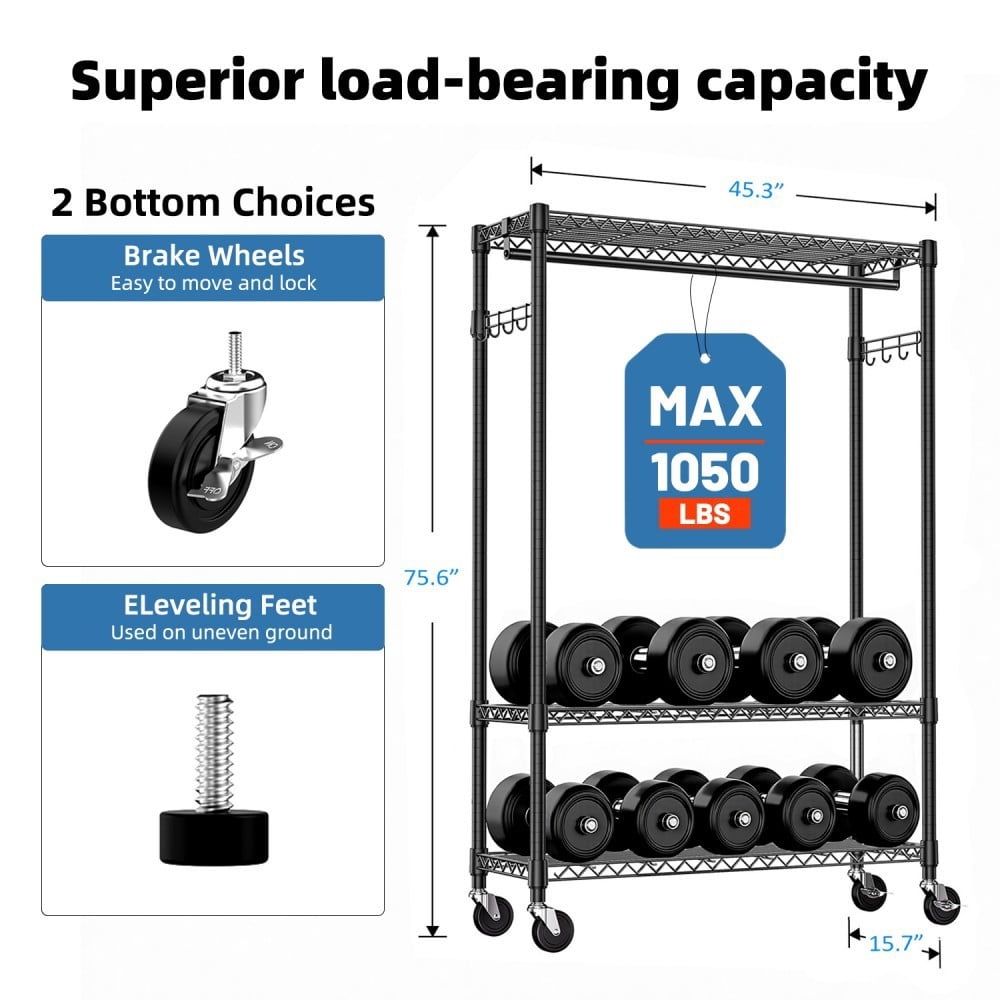 Heavy Duty Garment Rack on Wheels, Rolling Clothes Rack with Adjustable Shelves, 2 Hanging Rods, Side Hooks, Freestanding Closet Organizer, Black