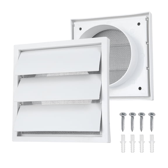 Uxcell 1Set Louvered Exhaust Vent Cover (4" Opening, 5.5"L x 5.5"W) - Air Wall Vent with Dustproof Mesh, Plastic Exhaust Ventilation Grille for Kitchen/Bathroom/Garage, White